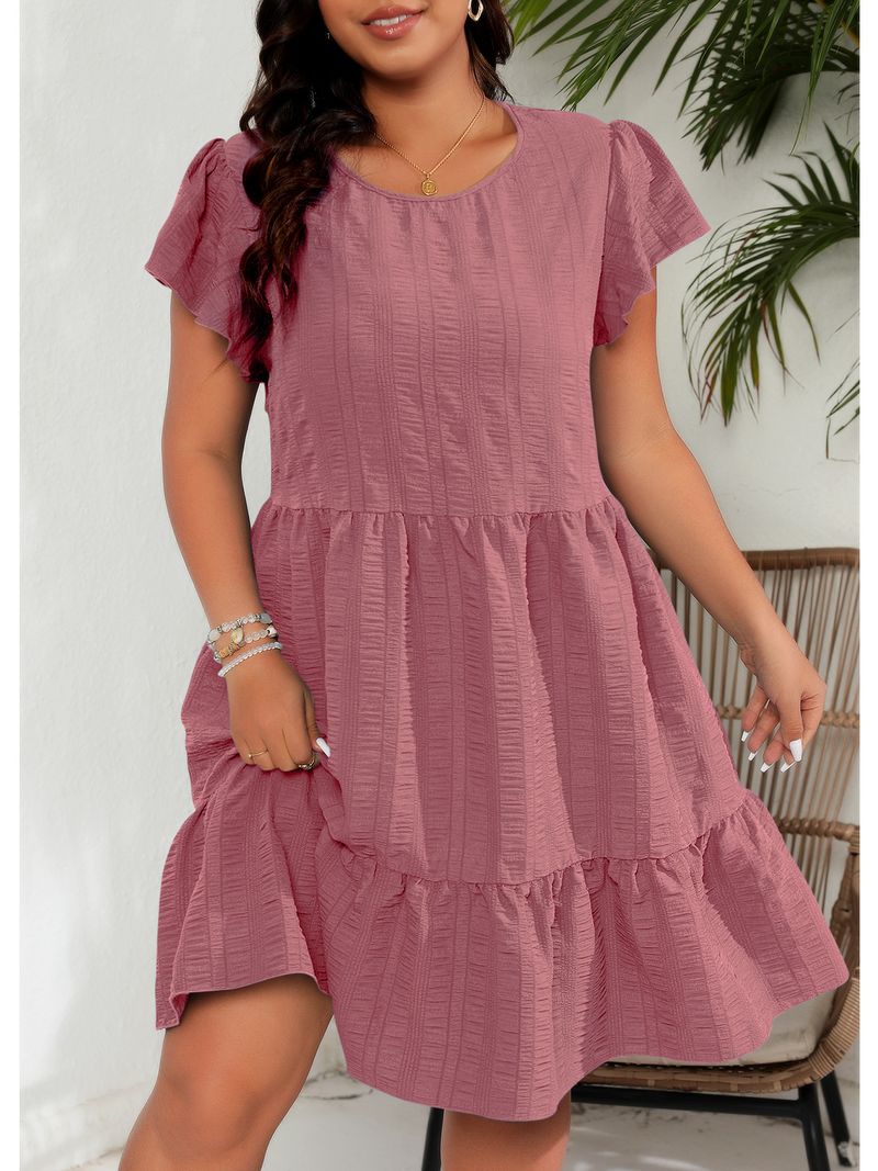 Women's Clothing Large Size Round Neck Lotus Leaf Sleeve Waist Holiday Leisure Temperament Dress_voghion.com