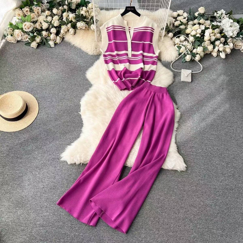 Débardeur à couleurs assorties pour femmes, haut polyvalent, taille haute, pantalon à jambes larges, costume deux pièces tendance_voghion.com