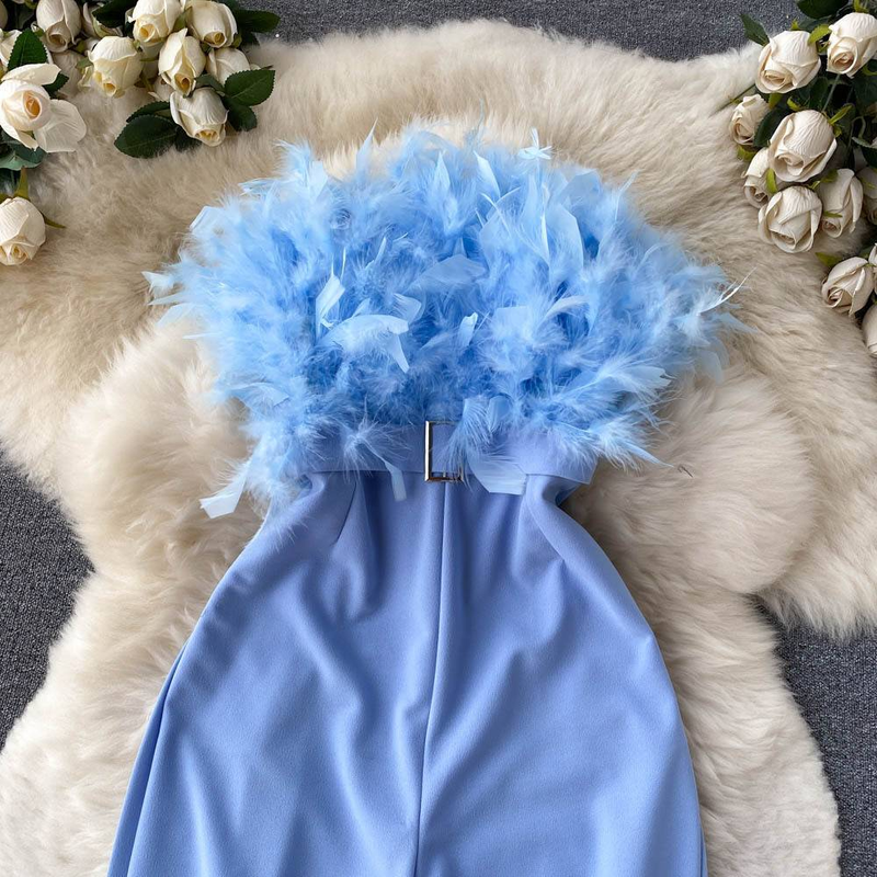 Dress Feather One Shoulder Strapless Jumpsuit For Women's New Loose Wide Leg Straight Leg Pants_voghion.com