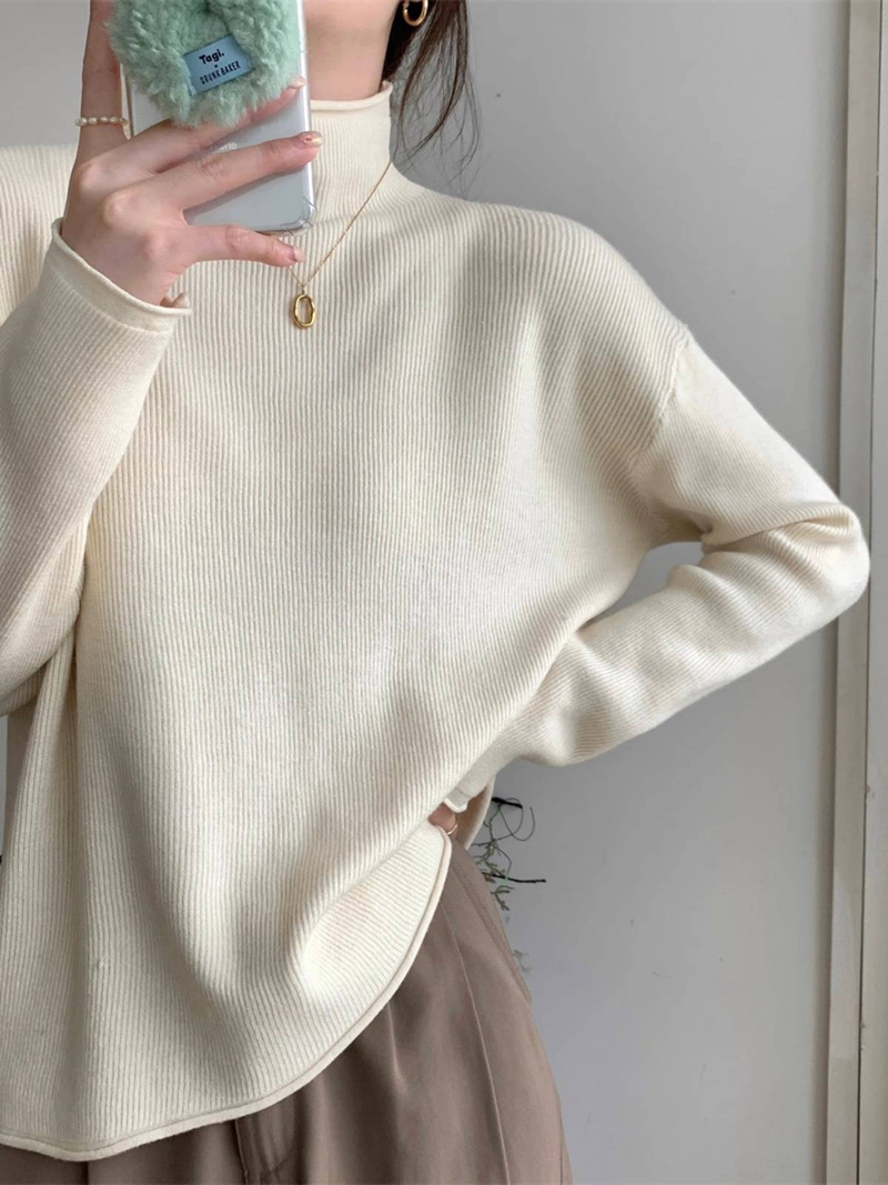 Large size chubby mm autumn new women's knitted shirt with half high collar, loose fit, long sleeved bottom, warm and slimming top_voghion.com