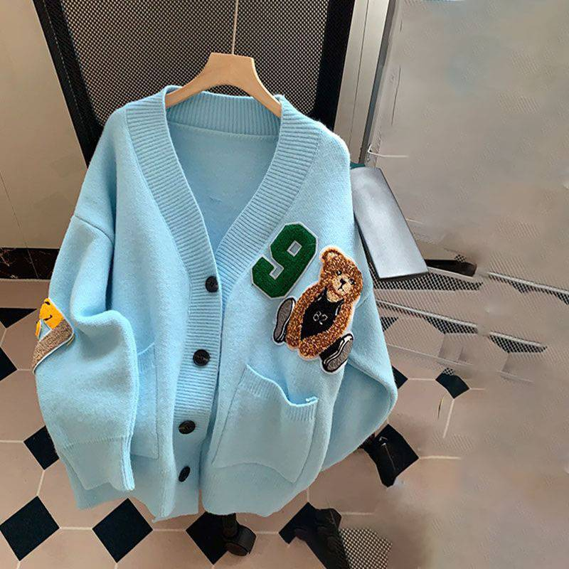 Vêtements pour femmes style collège pull col en V cardigan automne vêtements d'extérieur veste tricotée lâche paresseuse_voghion.com