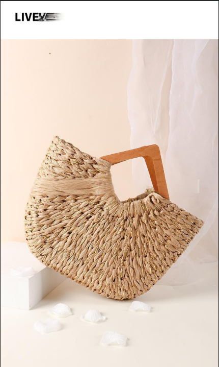 Women’s Bags Diamond Shaped Handle Portable Straw Woven Bag New Style Gold Thread Semi Circular Hand Held Woven Bag Holiday Style Beach Bag Versatile_voghion.com