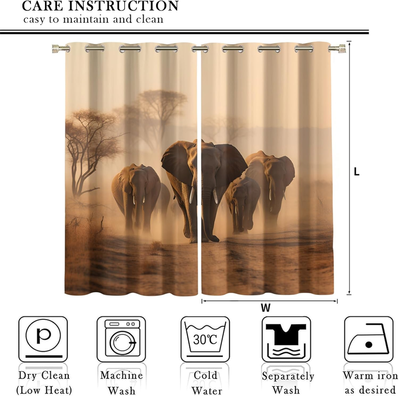 Tende oscuranti con motivo a elefanti africani, tende con motivi a tema foresta e migrazione della natura, tende oscuranti con isolamento termico per sala banchetti e teatro._voghion.com