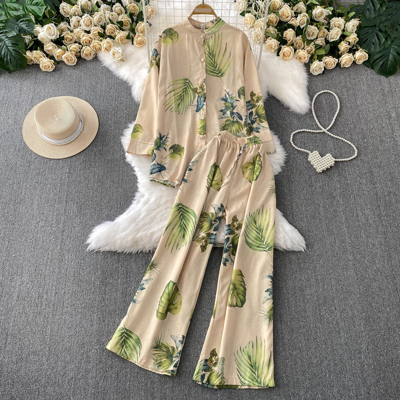 Damenbekleidung Retro Einreihiger Stehkragen Langarmhemd Design Bedruckte Jacke Zweiteiliger Anzug Hohe Taille Schlanke Hose mit weitem Bein_voghion.com