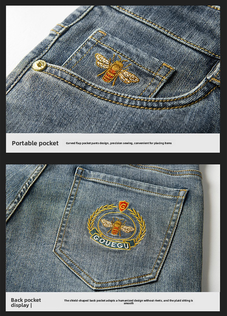 Jeans haut de gamme, produits européens, pantalons pour homme, broderies tendance printemps-été, pantalon slim droit en denim léger et extensible_voghion.com