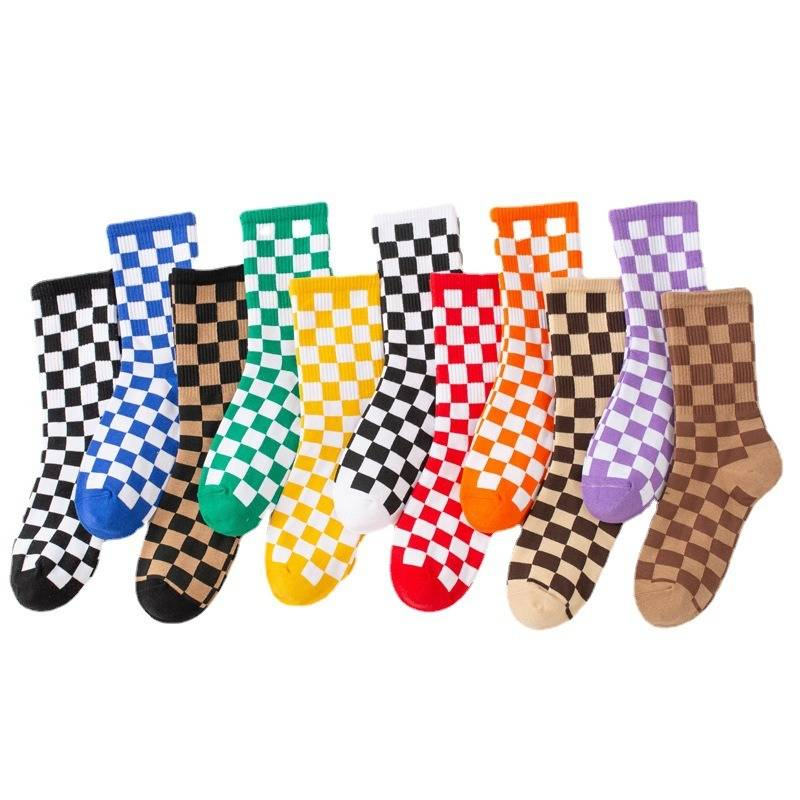 6 Pairs--Checkerboard Men's And Women's Fashion Street Brand Mid Tube Academy Style Cotton Skateboarding Socks_voghion.com