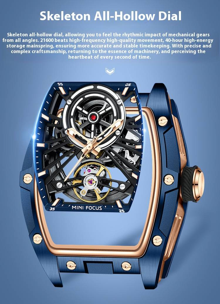 Men's Automatic Skeleton Watch With Stainless Steel Case, Silicone Strap, Luminous Hands, And 50m Water Resistance Automatic Mechanical Watch 0603G_voghion.com