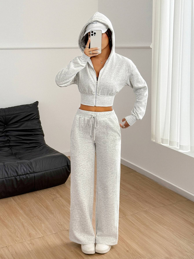 Women's Clothing Yoga Long Sleeve Jacket & Pants Set - Stretchy High-Waist Lounge Wear, Breathable Knit Fabric, Street Style Comfort Outfit_voghion.com