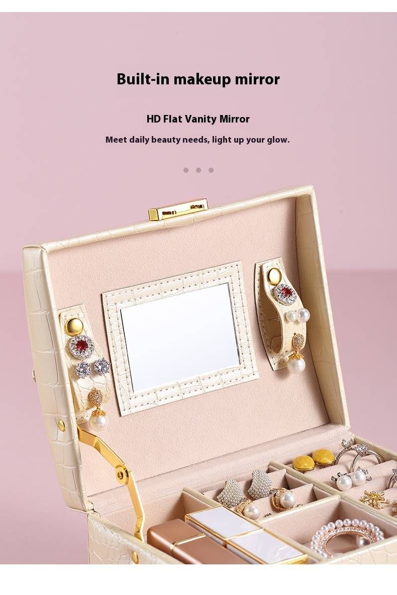 Coffret à bijoux verrouillable haut de gamme à 3 niveaux avec miroir – Organiseur de rangement en cuir synthétique pour boucles d'oreilles, bagues et colliers (17,5 x 14 x 13 cm)_voghion.com