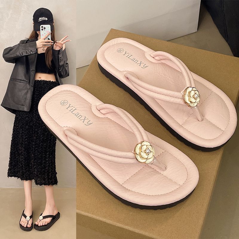 Sandales à enfiler décontractées à motif floral pour femme – Chaussons d'été légers avec semelle antidérapante, tongs plates confortables en bleu, jaune, rose, beige et noir_voghion.com