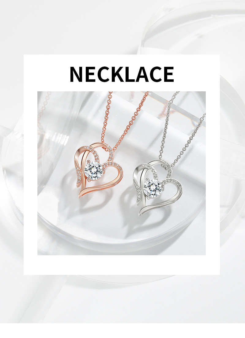 platinum double heart pendant necklace for women, heart to heart, elegant, high end, zircon love necklace_voghion.com