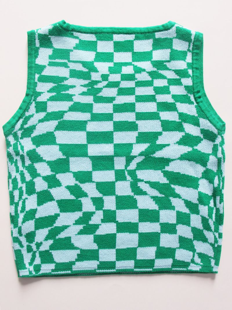 Damenbekleidungshandel dünner ärmelloser Pullover in Kontrastfarbe, schmale Strickweste mit Schachbrettmuster für Damen_voghion.com