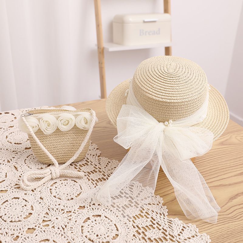 Kleine frische Kinderspitze Perlenband Strohtasche Sommer Neues Produkt Unsterblicher Qi Eltern-Kind-Sonnenschirm Big Eaf Flat_voghion.com