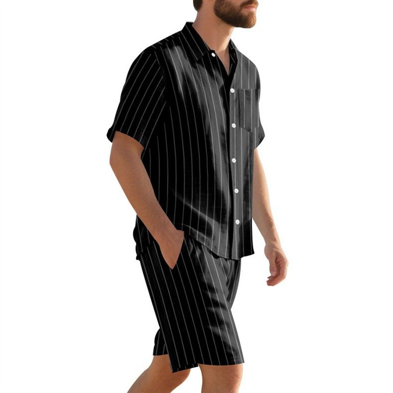 Vêtements pour hommes, costume d'été en lin pour hommes, chemise ample à manches courtes à rayures, short de plage, costume deux pièces_voghion.com