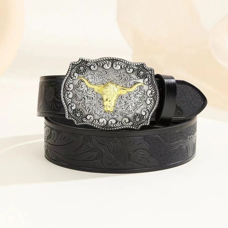 Western Versatile Bull Head Large Buckle Cowboy Carved Ethnic Style Men's Punk PU Leather Belt_voghion.com