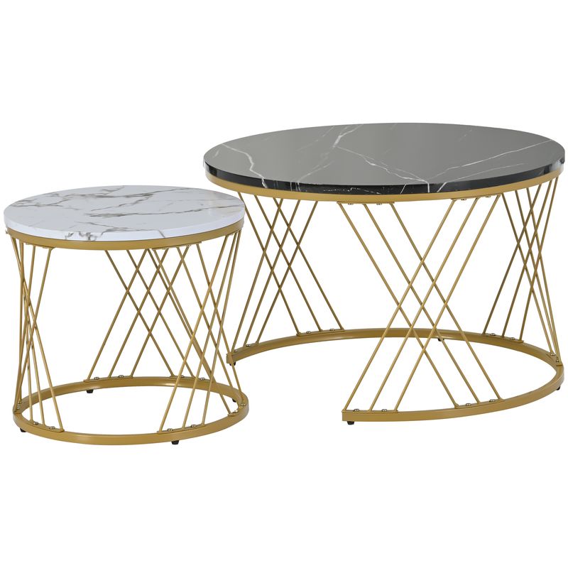 Ensemble de tables basses gigognes modernes, tables d'appoint rondes en placage de marbre avec cadre doré, tables d'appoint de canapé 2 pièces_voghion.com