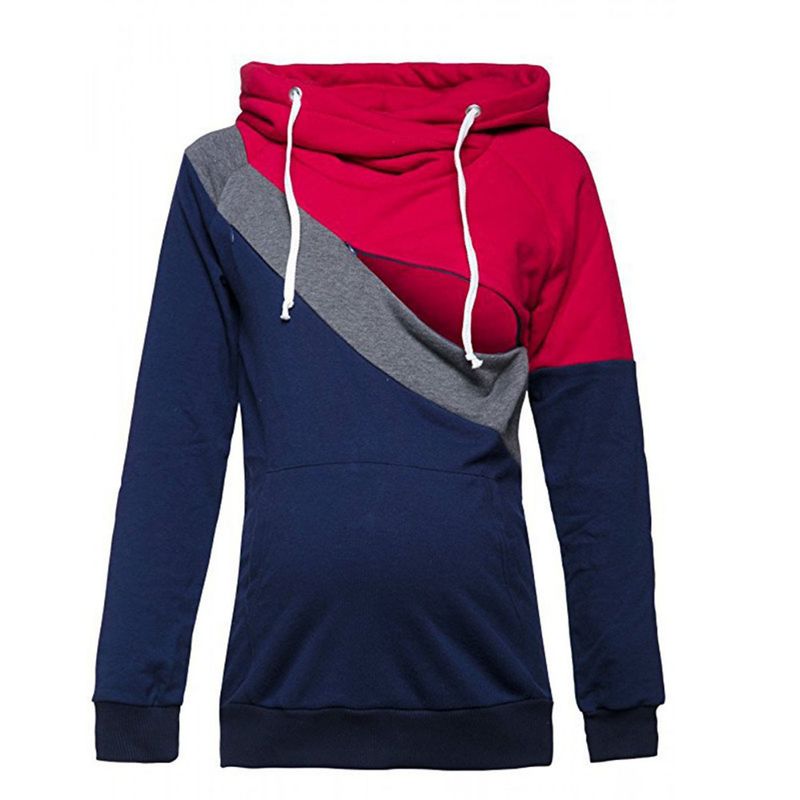 Nuovo modello di felpa con cappuccio premaman e allattamento patchwork a tre colori_voghion.com