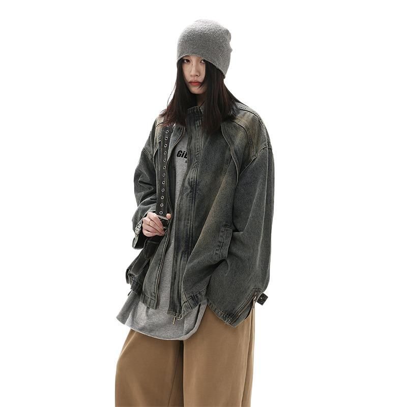 Ameriška moška jakna z opranim rumenim blatom in modrim stoječim ovratnikom_voghion.com