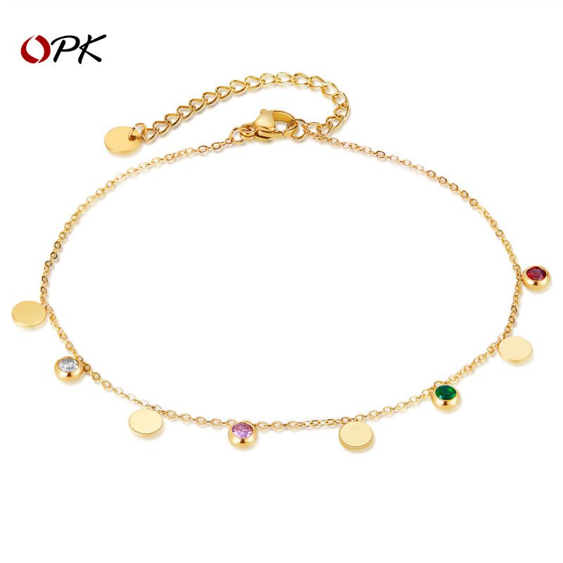 Mode Eenvoudige Dopamine Dames Enkelband Roestvrij Staal Kleurrijke Zirkoon Temperament Geometrische Ronde Stuk Accessoire_voghion.com