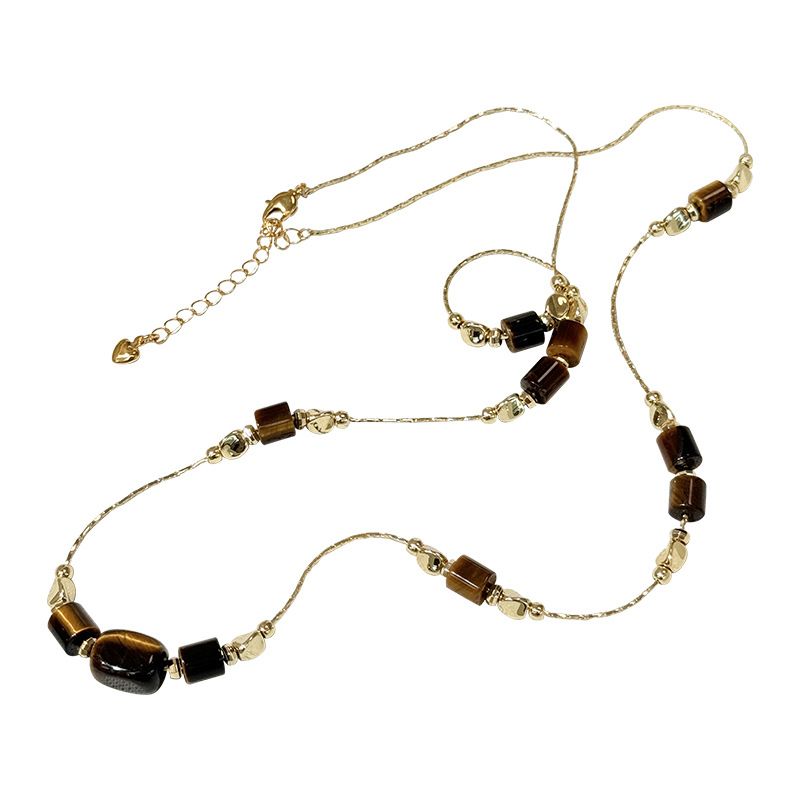 Collier Maillard en perles rondes œil de tigre pour femme, tendance automne-hiver, chaîne de pull polyvalente, niche_voghion.com