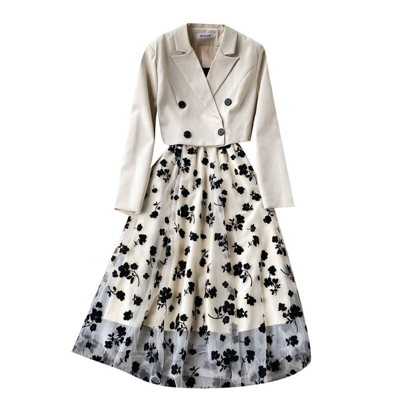 Abbigliamento da donna Giacca da completo doppiopetto corta in stile francese per donna Abito con bretelle in maglia floccata di alta qualità Elegante completo in due pezzi_voghion.com