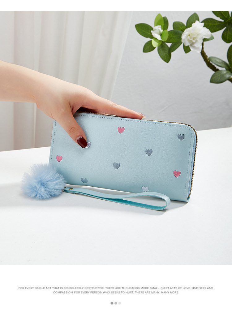 Women's Long Zip Wallet With Heart Embroidery - Fashionable Slim Clutch Purse (Multiple Card Slots, RFID Protection)_voghion.com