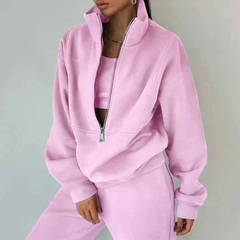 Conjunto de agasalho feminino de lã - Roupa esportiva casual de inverno (jogging e moletom com capuz)_voghion.com