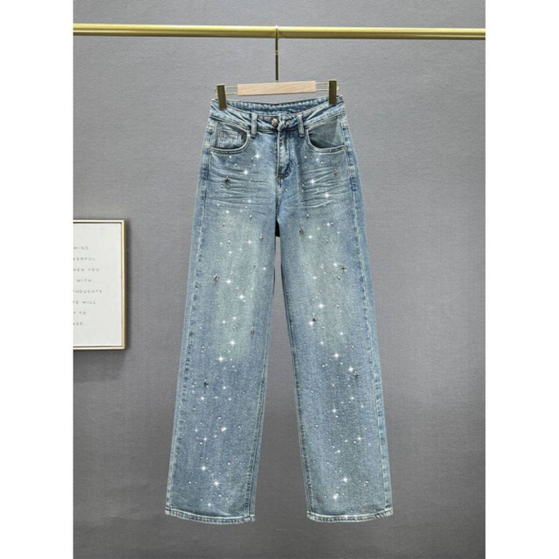 Jean élégant et résistant, clouté d'étoiles, style printemps, taille haute, ample et slim, coupe droite, longueur au sol_voghion.com