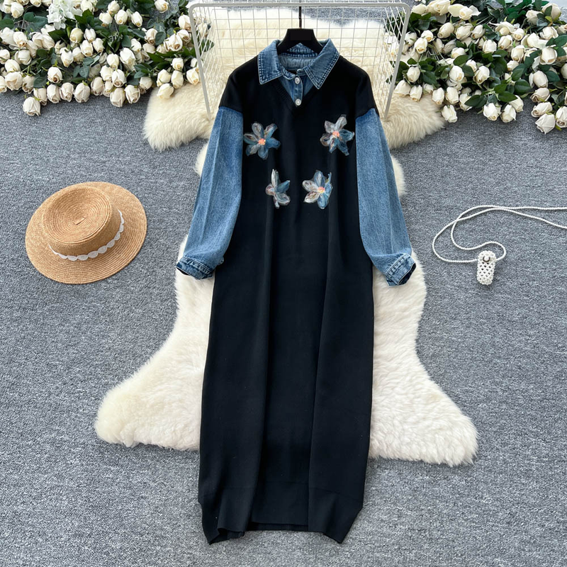 Elegant Boho Floral Embroidered Denim Knit Dress - Oversized A-Line Tunic With High Waist & Long Sleeves For Women_voghion.com