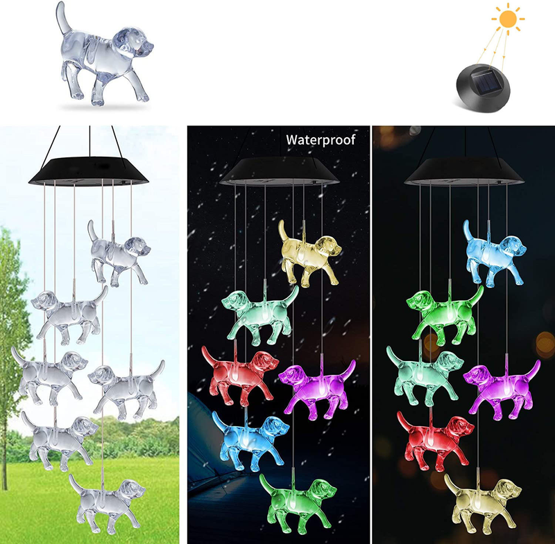 Carillón de viento solar LED con luz que cambia de color: decoración de jardín giratoria con forma de perro y 7 colores, impermeable, ideal para patio y jardín._voghion.com