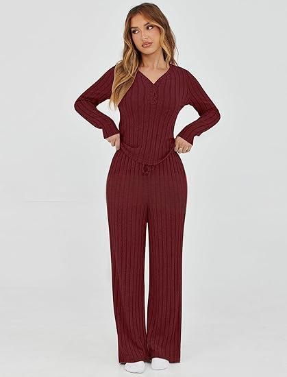 Ensemble de survêtement décontracté en tricot pour femme, haut à manches longues et pantalon ample, tenue deux pièces pour l'automne et l'hiver_voghion.com