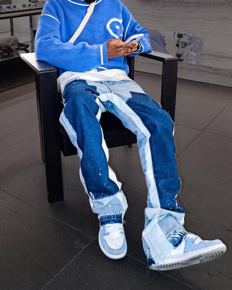 European And American Fashion Ins Workwear Hit Men's Denim Overalls Stretch Patch Denim Layered Flared Pants_voghion.com