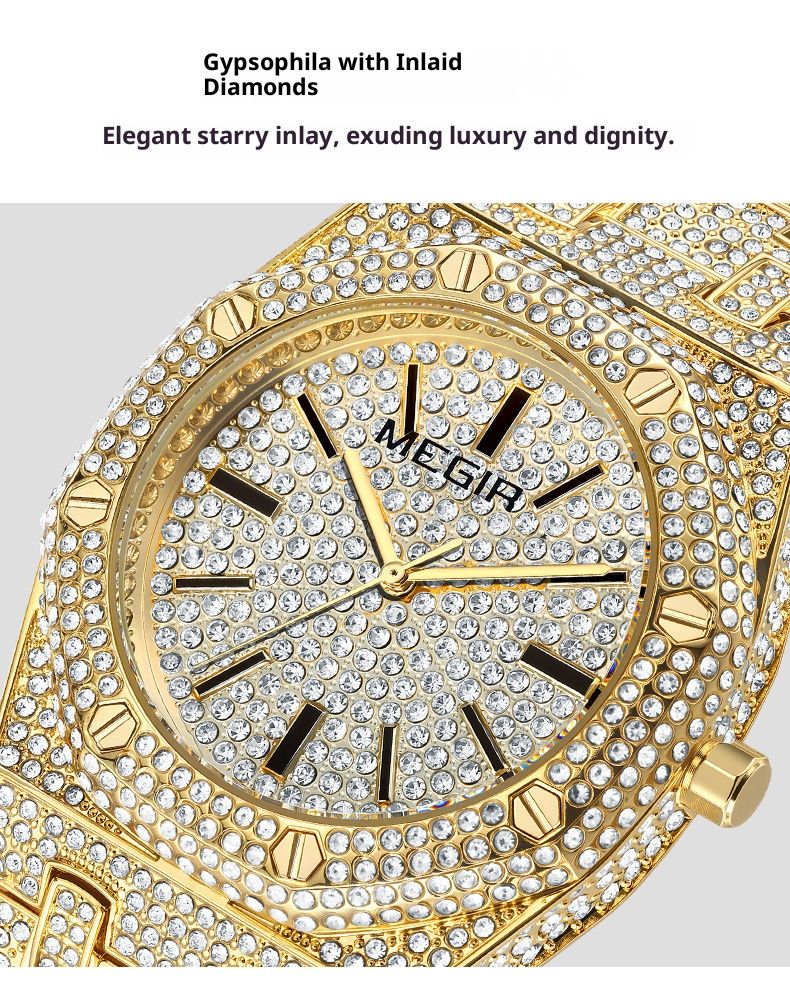Reloj MEGIR para hombre estilo hip hop con bisel de diamantes, correa de acero inoxidable, resistente al agua, indicador de fecha, movimiento de cuarzo - Plata/Oro_voghion.com