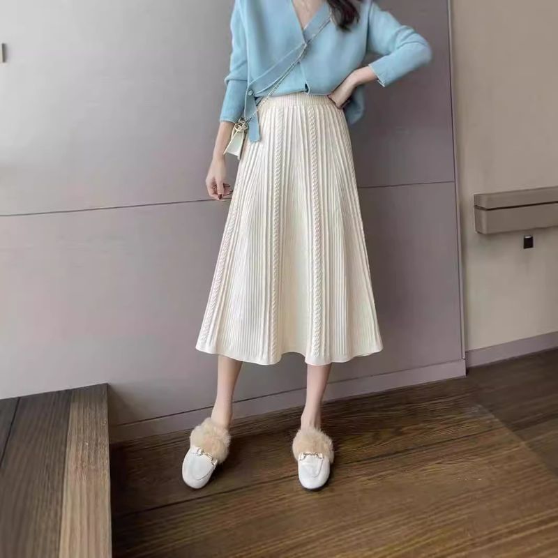 Jupe midi en maille pour femme - Jupe plissée extensible taille haute, coupe trapèze, coupe ample et confortable, un indispensable de la garde-robe automne-hiver._voghion.com