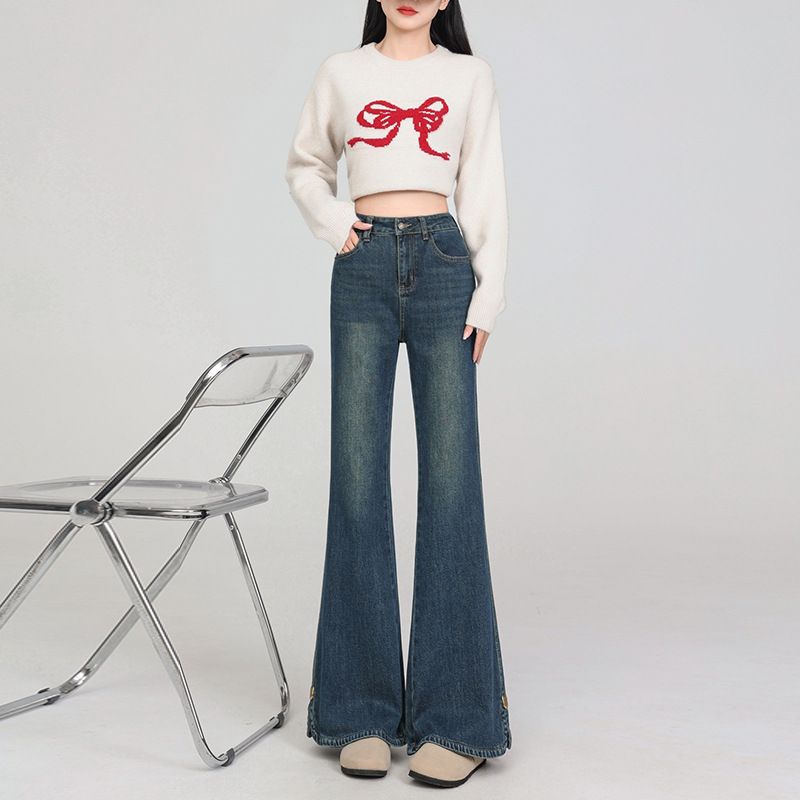 Plus Size Early Spring Side Slit Flared Jeans For Women, American Style High Waist Slimming Non-Tight Leg Bootcut Pants_voghion.com