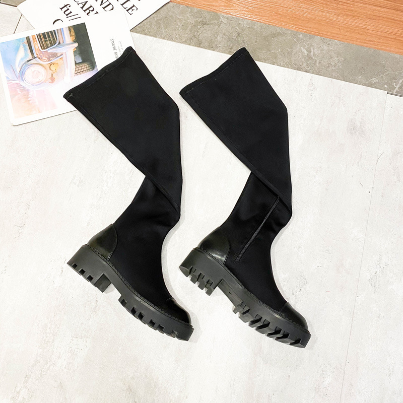 Otoño Invierno botas por encima de la rodilla botas de mujer punta redonda de cuero patchwork tubo largo botas mujer tacones medios-altos plataforma_voghion.com
