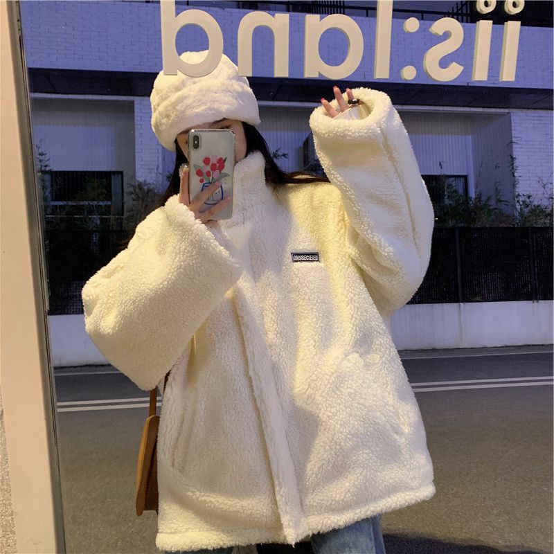 Women's Fleece-Lined Puffer Jacket With Stand Collar & Letter Print (White, S-2XL)_voghion.com