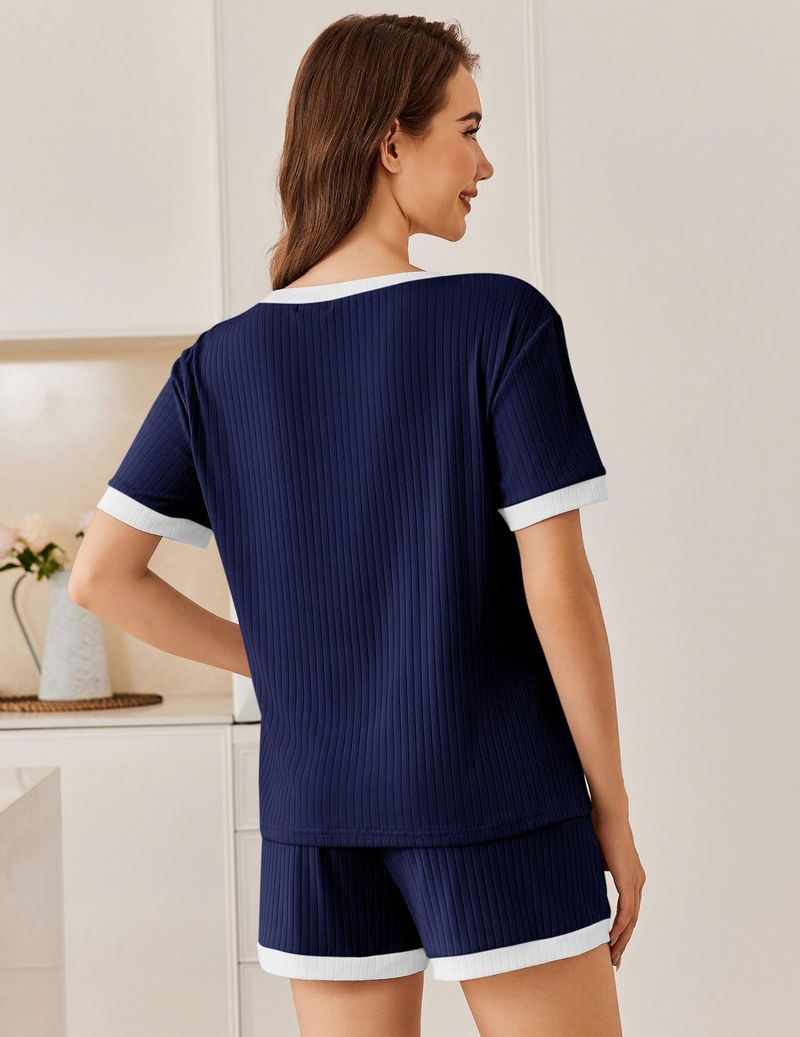Kadın Giyim Yaz Yeni Düz Renk Çukur Çizgili Renk Uyumlu Pijama Kısa Kollu Ev Giyim Takımı_voghion.com