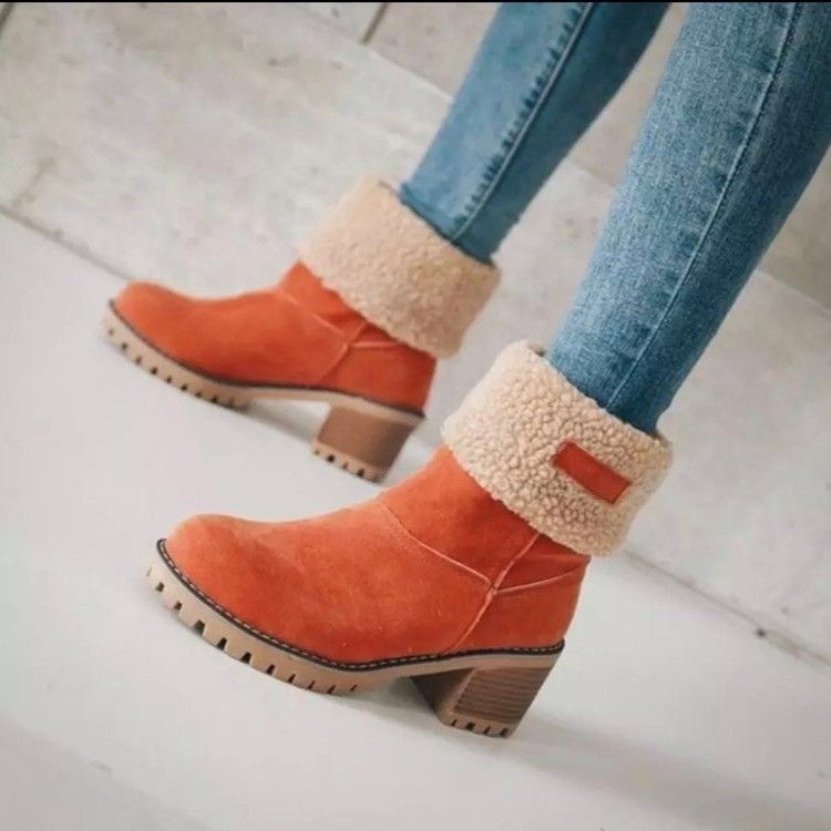 Botas de neve de camurça com salto grosso e cano médio para outono e inverno_voghion.com