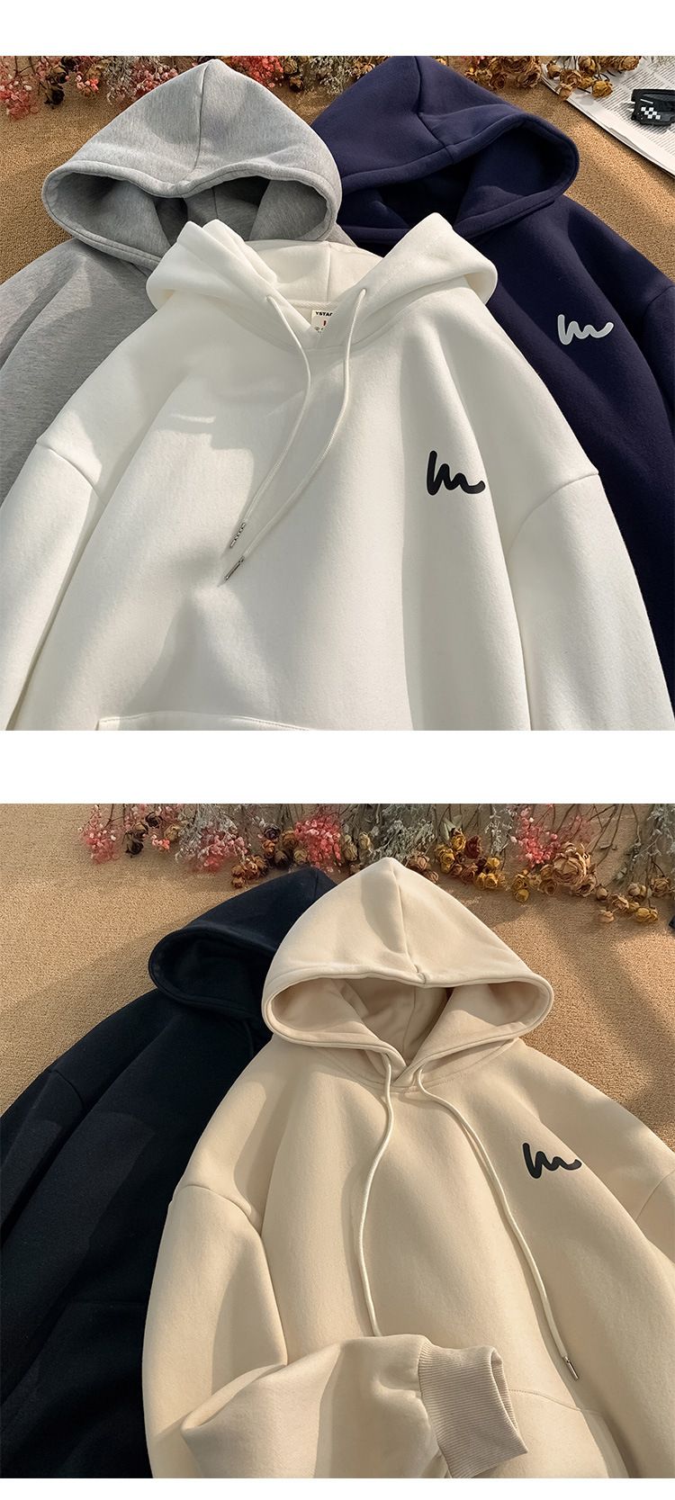 Men's Oversized Hooded Sweatshirt Lazy Style Fleece-Lined Pullover With Side Pockets, Black/White/Gray/Navy/Khaki/Burgundy_voghion.com
