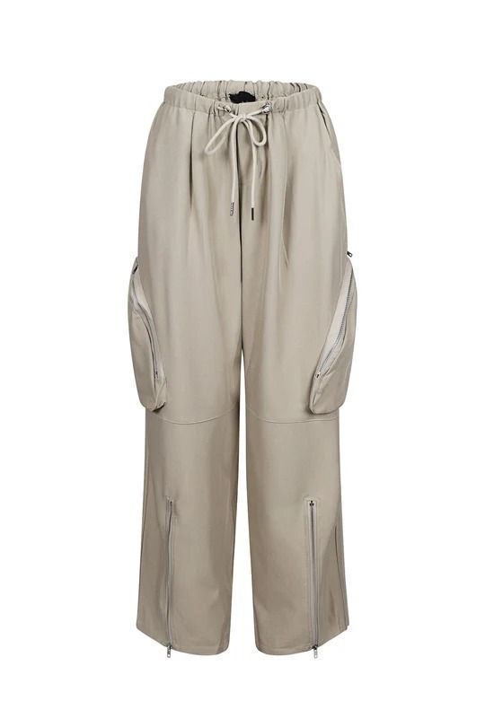 Pantaloni cargo streetwear da donna - Eleganti pantaloni jogger larghi con gamba dritta, tasche multiple, zip e cintura regolabile_voghion.com