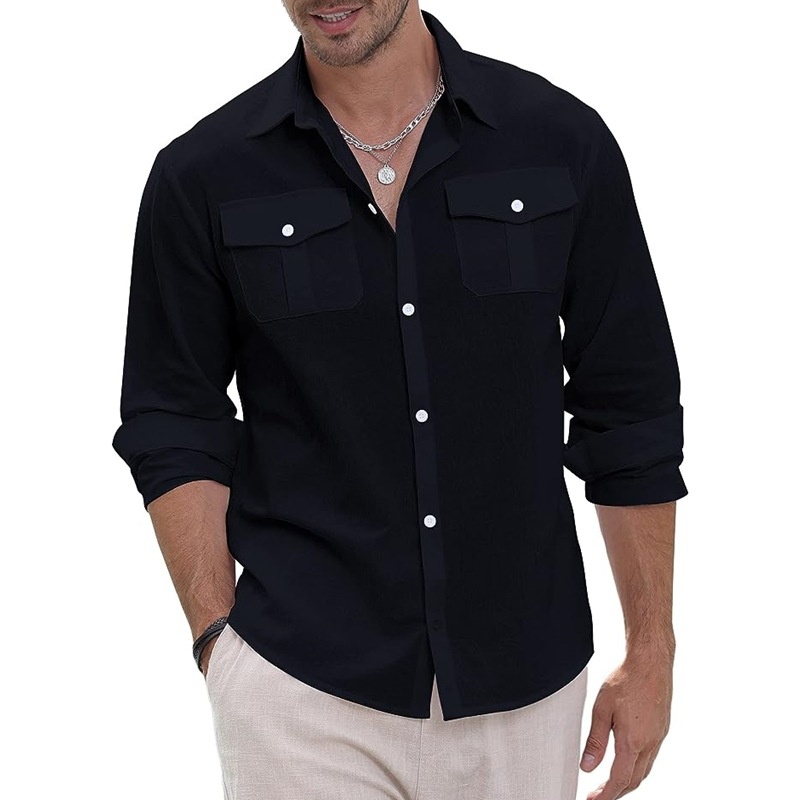 Herren Leinen Button Down Sommer Strand Casual Einfarbig Baumwolle Langarmhemd Tops_voghion.com