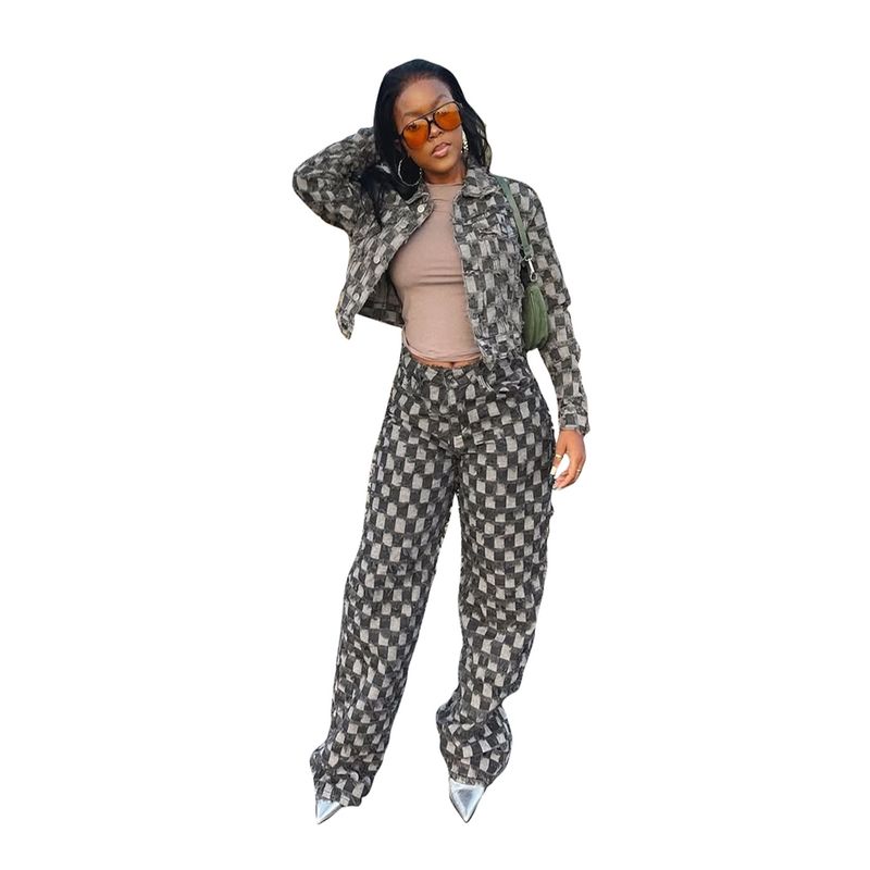 Women's Clothing Casual Jacquard Plaid Washed Denim Suit Women's Casual Jacquard Checkered Washed Denim Outfit Set Winter Wear Grey S-XXL_voghion.com