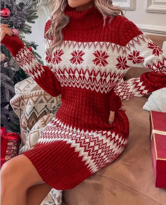 Strickpulloverkleid mit hohem Kragen für Damen – Rot-weißer Colorblock-Pullover (S-XXL, Langarm, Weihnachts- und Winterstil)_voghion.com