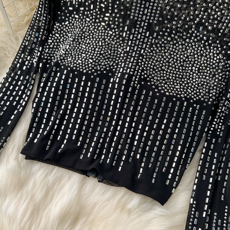 Costum de damă cu temperament de vedetă, la modă, cu mânecă lungă, de nișă, sexy, cu diamant, slim fit, cu fustă versatilă și ciucuri, costum din două piese_voghion.com