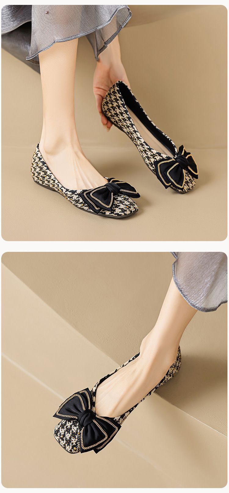 Sapatos femininos Square Head Single Bow Flat One Pedal Thousand Bird Grid Sola macia Boca rasa Doudou Shoes_voghion.com