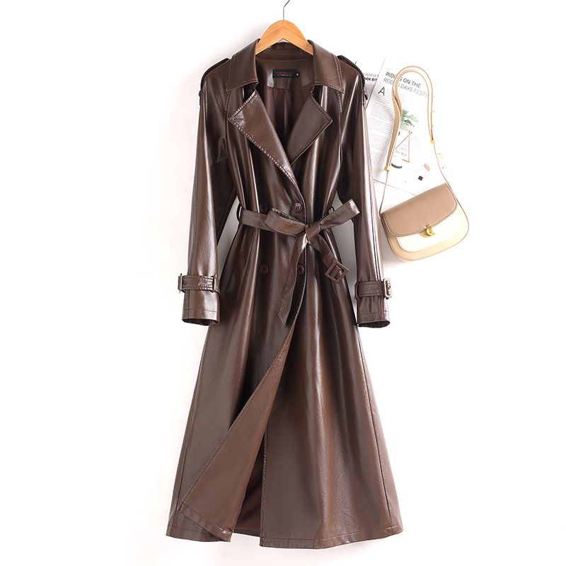 Trench lungo da donna in similpelle con colletto a contrasto - Giacca doppiopetto slim fit per la moda primaverile e autunnale_voghion.com