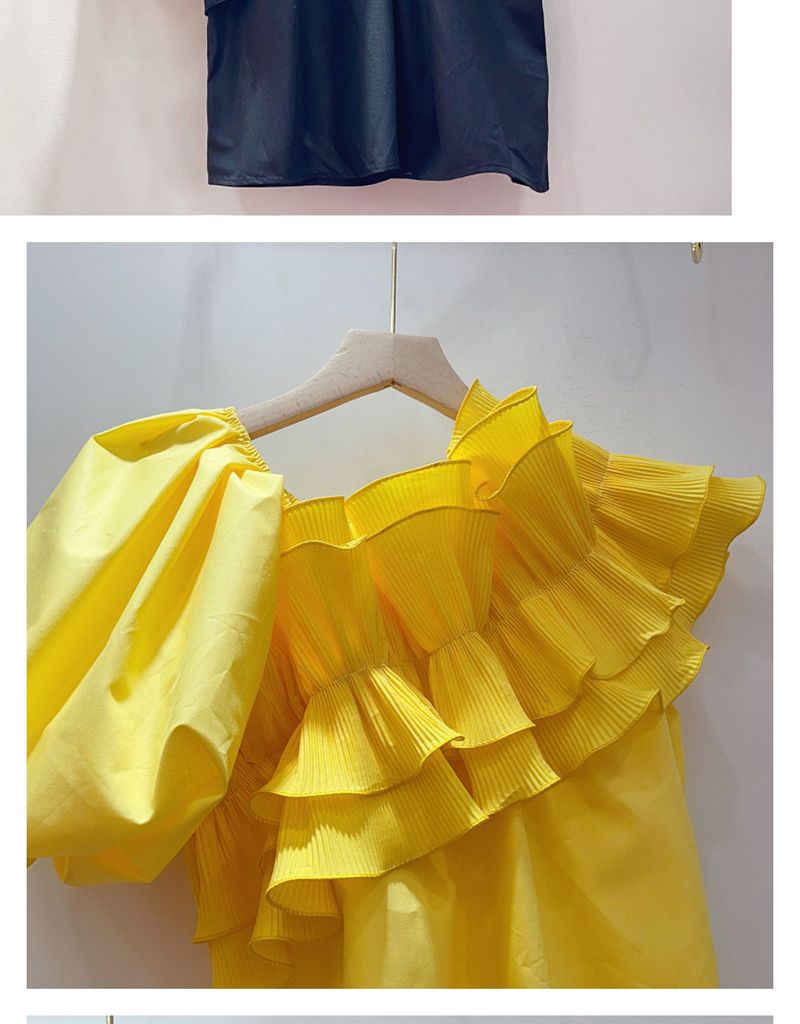 Women's Clothing fashion irregular ruffled V-neck shirt women's short-sleeved summer design niche yellow short top_voghion.com
