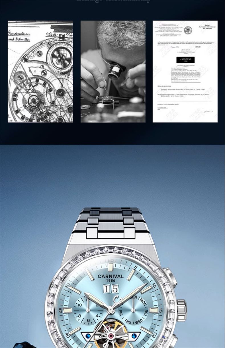 Montre mécanique tourbillon pour homme Carnaval, cadran gris, super lumineuse, en acier inoxydable, automatique, sport, 2024_voghion.com