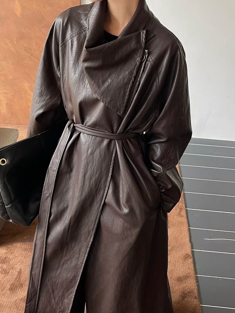 Trench vintage in similpelle per donna - Giacca a vento lunga e ampia con cintura e revers, effetto snellente_voghion.com